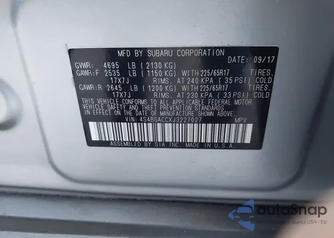 2018 Subaru Outback 2.5I Premium из США, поврежденный, VIN 4S4BSACCXJ3227027